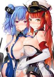 Rule 34 | 2girls, azur lane, bare shoulders, blue hair, blush, bow, breast press, breasts, buttons, cowboy shot, detached collar, elbow gloves, from side, gloves, hair bow, honolulu (azur lane), large breasts, looking at viewer, macchiato (jae-min cho), machinery, multiple girls, no panties, open mouth, red eyes, red hair, st. louis (azur lane), standing, torn clothes, twintails, white gloves