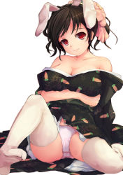 Rule 34 | 1girl, animal ears, bad id, bad pixiv id, bare shoulders, black hair, breast lift, breasts, cleavage, hoippu, inaba tewi, japanese clothes, kimono, large breasts, panties, rabbit ears, red eyes, solo, thighhighs, touhou, underwear, undressing, white thighhighs