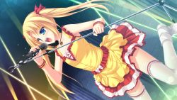 Rule 34 | 1girl, blonde hair, blue eyes, blush, boots, bracelet, collarbone, female focus, game cg, highres, jewelry, long hair, mel carlyle, microphone, music, necklace, open mouth, pendant, ribbon, ryuuyoku no melodia, singing, skirt, solo, tenmaso, thighhighs, twintails, whirlpool (studio), white thighhighs, zettai ryouiki