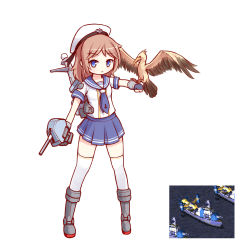 Rule 34 | 1girl, bird, bird on hand, blue eyes, brown hair, command &amp; conquer: red alert 2, command &amp; conquer, falcon, fingerless gloves, gloves, hat, langbazi, school uniform, serafuku, short hair, simple background, skirt, solo, thighhighs, white background