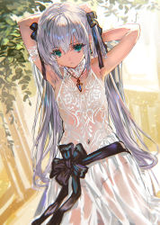 Rule 34 | 1girl, arm strap, armpits, arms behind head, collared dress, commentary request, dress, green eyes, hair between eyes, hair ribbon, highres, jewelry, kneeling, lace, lace dress, long hair, looking at viewer, navel, necklace, original, panties, ran&#039;ou (tamago no kimi), ribbon, see-through, see-through dress, silver hair, solo, underwear, white dress, white panties
