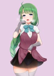 Rule 34 | 1girl, battlegaregga, black gloves, blouse, blue eyes, blush, bow, braid, breasts, clothes lift, cowboy shot, elbow gloves, fingerless gloves, gloves, gradient background, green hair, grey thighhighs, highres, kantai collection, lifting own clothes, long hair, medium breasts, open mouth, panties, panties day, pantyshot, ponytail, school uniform, shirt, single braid, solo, thighhighs, thighs, underwear, white shirt, yuugumo (kancolle), yuugumo kai ni (kancolle)