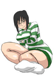 Rule 34 | 1girl, absurdres, black hair, blush, breast hold, breast rest, breasts, dress, female focus, glasses, highres, long hair, long sleeves, looking at viewer, nico robin, one piece, short dress, simple background, sitting, socks, solo, striped clothes, striped dress, striped sweater, sweater, sweater dress, white background, white socks