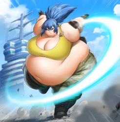 Rule 34 | 1girl, absurdres, arms behind back, bare shoulders, big belly, black gloves, blue eyes, blue hair, breasts, camouflage, camouflage pants, cargo pants, cleavage, commission, crack, cracked floor, cruise ship, dog tags, fat, gloves, heavy, highres, huge breasts, jeetdoh, leona heidern, long hair, midriff, obese, pants, running, solo, spiked hair, tank top, the king of fighters, the king of fighters xiv, the king of fighters xv, yellow tank top
