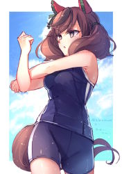 Rule 34 | 1girl, animal ears, bare arms, bare shoulders, black hair, blue one-piece swimsuit, blue sky, brown eyes, brown hair, cloud, cloudy sky, day, horse ears, horse girl, horse tail, looking away, multicolored hair, nice nature (umamusume), one-piece swimsuit, ouri (aya pine), outside border, parted lips, sky, solo, standing, streaked hair, swimsuit, tail, translation request, twintails, umamusume