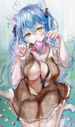 Rule 34 | 1girl, absurdres, ahoge, alternate costume, animal ear fluff, animal ear piercing, animal ears, blue hair, breasts, cat girl, furofuroppi, hair between eyes, heart, heart ahoge, highres, hololive, large breasts, long hair, looking at viewer, mouth hold, navel, open clothes, paw pose, sitting, solo, virtual youtuber, wariza, yellow eyes, yukihana lamy