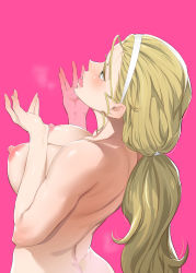 Rule 34 | 10s, 1girl, bad id, bad pixiv id, blue eyes, breasts, butt crack, colored skin, from behind, girls und panzer, hairband, ikuchan kaoru, large areolae, multicolored skin, nipples, nude, open mouth, pink background, ponytail, sasaki akebi, solo, tongue, tongue out, upper body