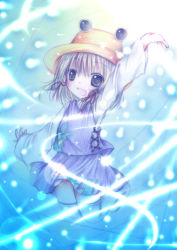 Rule 34 | 1girl, arm up, blonde hair, blush, female focus, hair ribbon, hat, long sleeves, looking at viewer, moriya suwako, open mouth, outstretched arm, purple skirt, red ribbon, ribbon, skirt, skirt set, solo, thighhighs, touhou, tress ribbon, vest, wide sleeves, yellow eyes