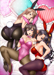 Rule 34 | 3girls, animal ears, arm up, ass, back, bare arms, bare back, bare shoulders, bed, black eyes, black footwear, black hair, black legwear, black leotard, blush, bow, bowtie, breasts, brown eyes, brown hair, brown legwear, rabbit ears, rabbit tail, cleavage, covered navel, detached collar, fake animal ears, female focus, finger to mouth, frilled pillow, frills, from above, hair ribbon, hand on own hip, hands on own chest, heart, heart-shaped pillow, high heels, highres, knee up, large breasts, leotard, light brown hair, long hair, looking at viewer, looking back, lying, multiple girls, on back, on side, open mouth, original, pantyhose, pillow, pink footwear, pink high heels, pink leotard, playboy bunny, playboy bunny, ponytail, purple eyes, purple legwear, red leotard, ribbon, shoes, short hair, smile, spread legs, strapless, strapless leotard, striped, striped pillow, tail, takano yuki (mangaka), top-down bottom-up, wrist cuffs