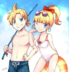 Rule 34 | 1boy, 1girl, ;), bare arms, bare shoulders, blonde hair, blue male swimwear, blue sky, blue swim trunks, bow, bow one-piece swimsuit, breasts, casual one-piece swimsuit, character request, closed mouth, cloud, cloudy sky, collarbone, commentary request, cowboy shot, day, dragon quest, dragon quest builders 2, drawstring, earrings, eyewear on head, fishing line, fishing rod, grin, hair bow, hair ornament, hand on own hip, high ponytail, highres, holding, holding fishing rod, holding swim ring, hoop earrings, innertube, jewelry, male swimwear, navel, nikki kyousuke, official alternate costume, official alternate hairstyle, one-piece swimsuit, one eye closed, outdoors, ponytail, red bow, signature, sky, small breasts, smile, sunglasses, swim ring, swim trunks, swimsuit, white one-piece swimsuit