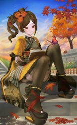 Rule 34 | 1girl, absurdres, black footwear, black pantyhose, blue sky, book, brown eyes, brown hair, bug, butterfly, chiori (genshin impact), cloud, commentary request, day, genshin impact, grey kimono, hair ornament, hair stick, highres, holding, holding book, insect, japanese clothes, kimono, knees up, kotneo, miniskirt, outdoors, pantyhose, ponytail, shoes, short sleeves, sitting, skirt, sky, solo, yellow skirt