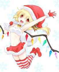 Rule 34 | 1girl, :d, armpits, blonde hair, boots, christmas, fang, flandre scarlet, full body, gloves, hat, highres, komiru, long hair, looking at viewer, navel, open mouth, red eyes, red footwear, red gloves, red skirt, santa boots, santa hat, side ponytail, simple background, skirt, smile, solo, striped clothes, striped thighhighs, thighhighs, touhou, white background, wings