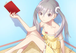 Rule 34 | 1girl, artist name, bare shoulders, blue background, book, bow shorts, breasts, brown eyes, camisole, closed mouth, collarbone, commentary, dated, from above, grey hair, hair between eyes, holding, holding book, huumoon, indoors, knees up, light frown, long hair, looking at viewer, looking up, monogatari (series), oikura sodachi, on floor, open book, owarimonogatari, pajamas, pink background, polka dot, polka dot camisole, polka dot pajamas, polka dot shorts, scrunchie, shadow, shorts, signature, sitting, sleeveless, small breasts, solo, spaghetti strap, strap slip, twintails, white scrunchie, wooden floor, yellow camisole, yellow shorts