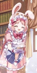 Rule 34 | 1girl, alternate costume, animal hood, apron, blurry, blurry background, blush, bookshelf, braid, breasts, cleavage, commentary request, curtains, enmaided, highres, hood, long braid, long hair, maid, maid apron, maid headdress, mimi (princess connect!), pantyhose, pink hair, plate, princess connect!, ribbon, rokico, small breasts, solo, sparkle, tea, tray, twin braids