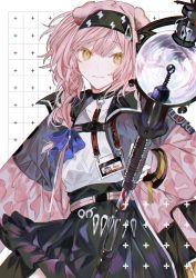 Rule 34 | 1girl, absurdres, animal ears, arknights, black skirt, bow, braid, closed mouth, collar, cowboy shot, ears down, goldenglow (arknights), hair bow, hairband, highres, holding, holding staff, id card, jacket, long hair, long sleeves, looking at viewer, pink hair, pink jacket, roji (roji xx), shirt, shirt tucked in, skirt, solo, staff, white shirt, yellow eyes