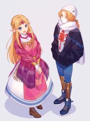 Rule 34 | 1boy, 1girl, :d, blonde hair, blue eyes, blue footwear, blush, braid, brown footwear, circlet, contemporary, earrings, full body, genderswap, genderswap (ftm), hands in pockets, hood, hooded jacket, jacket, jewelry, long hair, looking at viewer, mask, miri (cherryjelly), mouth mask, necklace, nintendo, open mouth, parted bangs, pointy ears, princess zelda, scarf, sheik, shoes, single braid, smile, standing, super smash bros., the legend of zelda, the legend of zelda: a link between worlds, the legend of zelda: ocarina of time, triforce, v arms, white scarf