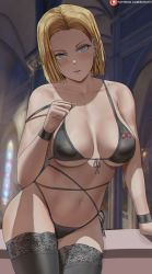 Rule 34 | 1girl, android, android 18, bare shoulders, bikini, black bikini, black thighhighs, blonde hair, blue eyes, blurry, blurry background, blush, breasts, collarbone, commentary, cowboy shot, dragon ball, dragonball z, earrings, front-tie bikini top, front-tie top, hand up, highres, indoors, jewelry, looking at viewer, navel, parted lips, patreon logo, patreon username, red ribbon army, shexyo, short hair, side-tie bikini bottom, solo, strap gap, swimsuit, thighhighs, thighs, underboob, watermark, web address