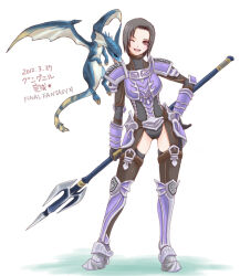 Rule 34 | 1girl, 2012, ;d, arm at side, arm guards, armor, adventurer (ff11), black gloves, black hair, black leotard, breastplate, brown thighhighs, copyright name, dated, dragon, dragoon (final fantasy), final fantasy, final fantasy xi, full body, gloves, gluteal fold, greaves, hand on own hip, holding, holding polearm, holding weapon, hume, legs apart, leotard, one eye closed, open mouth, pink eyes, polearm, purple armor, sakutsuki, short hair, shoulder armor, simple background, smile, solo, spear, standing, thighhighs, thighs, turtleneck, weapon, white background