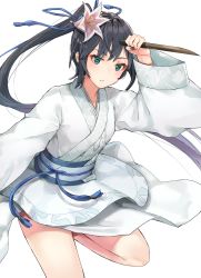 Rule 34 | 1girl, arm up, black cola, black hair, blue ribbon, blush, brown flower, closed mouth, commentary request, fate/grand order, fate (series), flower, green eyes, hair flower, hair ornament, hair ribbon, head tilt, high ponytail, highres, holding, japanese clothes, jing ke (fate), kimono, long hair, long sleeves, obi, ribbon, sash, side ponytail, sidelocks, simple background, solo, standing, standing on one leg, very long hair, white background, white kimono, wide sleeves