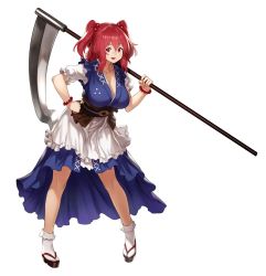 Rule 34 | 1girl, bracelet, breasts, cleavage, commentary request, full body, hair bobbles, hair ornament, hand on own hip, highres, holding, holding scythe, houtengeki, japanese clothes, jewelry, large breasts, looking at viewer, onozuka komachi, open mouth, puffy short sleeves, puffy sleeves, red eyes, red hair, sandals, scythe, short sleeves, simple background, smile, socks, solo, standing, touhou, two side up, white background, white socks