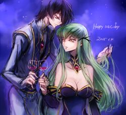 Rule 34 | 1boy, 1girl, 2015, black sleeves, breasts, c.c., c (rahit), choker, cleavage, code geass, cup, dated, detached sleeves, formal, green hair, hand in another&#039;s hair, holding, holding cup, lelouch vi britannia, long hair, long sleeves, medium breasts, parted lips, purple hair, red eyes, short hair, sketch, smile, strapless, very long hair, yellow eyes