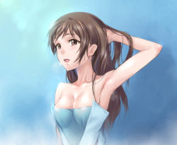 Rule 34 | 10s, 1girl, :d, adjusting hair, arm up, armpits, bare shoulders, blue dress, blush, breasts, brown eyes, brown hair, cleavage, collarbone, dress, female focus, gradient background, idolmaster, idolmaster cinderella girls, long hair, looking at viewer, neck, nitta minami, open mouth, smile, solo, strapless, strapless dress, zundarepon