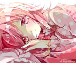 Rule 34 | 1girl, alternate costume, alternate hairstyle, ayumaru (art of life), backlighting, bed sheet, blurry, blush, close-up, depth of field, expressionless, fingernails, hair down, half-closed eyes, hand rest, kaname madoka, long sleeves, looking at viewer, lying, mahou shoujo madoka magica, mahou shoujo madoka magica (anime), medium hair, messy hair, on bed, on side, pajamas, parted lips, pillow, pink eyes, pink hair, pink pajamas, pink theme, polka dot, polka dot pajamas, shaded face, simple background, sleepy, solo, twitter username, under covers, upper body, white background