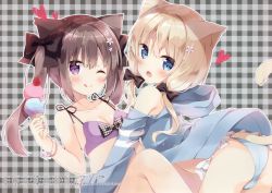 Rule 34 | 2girls, :o, ;q, absurdres, animal ears, bare shoulders, black bow, blonde hair, blue eyes, blue jacket, blue panties, blush, bow, bra, breasts, brown hair, cat ears, cat tail, cleavage, closed mouth, collarbone, double scoop, fang, fingernails, food, hair between eyes, hair bow, head tilt, heart, highres, holding, holding food, hood, hood down, hooded jacket, hoshi (snacherubi), huge filesize, ice cream, ice cream cone, jacket, long hair, looking at viewer, looking to the side, multiple girls, nail polish, one eye closed, open mouth, original, panties, plaid, plaid background, purple bra, purple eyes, purple nails, small breasts, smile, tail, tail raised, tongue, tongue out, twintails, underwear