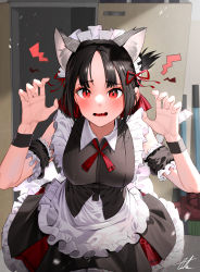 Rule 34 | 1girl, absurdres, alternate costume, animal ears, apron, arm garter, black dress, black hair, blush, breasts, broom, cat ears, chanism!, claw pose, commentary, cowboy shot, dress, english commentary, enmaided, fake animal ears, frilled dress, frills, furrowed brow, hair ribbon, highres, indoors, kaguya-sama wa kokurasetai ~tensai-tachi no renai zunousen~, looking at viewer, maid, maid apron, maid headdress, medium breasts, neck ribbon, open mouth, parted bangs, red eyes, red ribbon, ribbon, shinomiya kaguya, short hair, signature, solo, standing, wavy mouth, wing collar, wrist cuffs