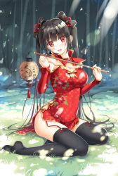 Rule 34 | 1girl, bad id, bad pixiv id, black hair, black thighhighs, blush, breasts, china dress, chinese clothes, cleavage, detached sleeves, dress, female focus, hair ornament, lantern, large breasts, long hair, looking at viewer, open mouth, original, paper lantern, red eyes, sitting, smile, solo, sousouman, thighhighs, twintails, very long hair