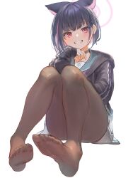 Rule 34 | 1girl, absurdres, black choker, black hair, blue archive, brown pantyhose, choker, clenched teeth, grin, halo, highres, kazusa (blue archive), legs, looking at viewer, marulire, multicolored hair, pantyhose, pink hair, school uniform, serafuku, short hair, simple background, sitting, smile, solo, teeth, two-tone hair, white background