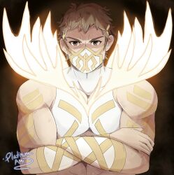 Rule 34 | 1boy, bara, brown eyes, brown hair, crossed arms, eikbyrnir (fire emblem), fire emblem, fire emblem heroes, frown, glowing, glowing wings, highres, looking at viewer, male focus, mask, mouth mask, muscular, muscular male, nintendo, pectoral squeeze, pectorals, platinum ami, short hair, sleeveless, solo, straight-on, thick eyebrows, upper body, wings