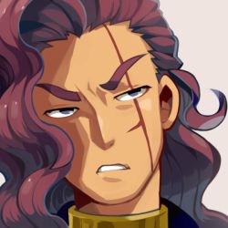 Rule 34 | 1boy, expressionless, eyebrows, long hair, looking to the side, male focus, monoka, motojima hakka, parted lips, portrait, scar, scar across eye, scar on face, simple background, solo, thick eyebrows
