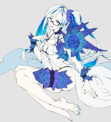 Rule 34 | 1girl, absurdres, bad id, bad twitter id, barefoot, bikini, black-framed eyewear, blue flower, blue hair, blue rose, breasts, brynhildr (fate), brynhildr (swimsuit berserker) (fate), brynhildr (swimsuit berserker) (first ascension) (fate), fate/grand order, fate (series), fingernails, flower, full body, glasses, grey background, highres, large breasts, long hair, looking at viewer, multicolored hair, nail polish, navel, pale skin, parted lips, purple eyes, rose, samei ikusa, semi-rimless eyewear, simple background, solo, streaked hair, swimsuit, toenail polish, toenails, under-rim eyewear, very long hair, white bikini