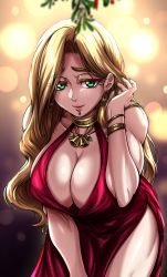 Rule 34 | 1girl, alternate costume, bare shoulders, bell, blonde hair, bracelet, breasts, chin piercing, cleavage, collarbone, dress, earrings, eyelashes, fate/grand order, fate (series), green eyes, green nails, highres, huge breasts, jewelry, leaning forward, long dress, long hair, looking at viewer, mistletoe, muscular, muscular female, nail polish, necklace, quetzalcoatl (fate), red dress, side slit, sleeveless, sleeveless dress, solo, very long hair, wavy hair, zantyarz