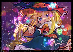 Rule 34 | 1girl, black border, blonde hair, blue eyes, blue hat, blue robe, border, bow, broom, broom riding, capelet, doradorakingyo, hair bow, halloween, hat, index finger raised, jack-o&#039;-lantern ornament, light particles, looking at viewer, open mouth, pumpkin hat ornament, purple background, puyopuyo, red ribbon, ribbon, robe, sidesaddle, solo, star (symbol), white capelet, witch, witch (puyopuyo), witch hat