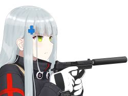Rule 34 | 1girl, blue hair, closed mouth, cross, cross print, girls&#039; frontline, gloves, green eyes, gun, highres, hk416 (girls&#039; frontline), holding, holding gun, holding weapon, iron cross, long hair, looking away, profile, solo focus, topgear, uniform, weapon, white background, white gloves