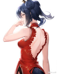 Rule 34 | 1girl, arknights, black hair, breasts, ch&#039;en (arknights), double bun, dress, from behind, hair between eyes, hand to own mouth, liyu li, long hair, looking back, medium breasts, parted lips, profile, red dress, red eyes, simple background, smile, solo, tail, twintails, weibo watermark, white background