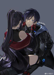 Rule 34 | 1boy, 1girl, absurdres, bare shoulders, black hair, black jacket, black pants, black shirt, black socks, blood, blood from mouth, blood on face, blue eyes, blue hair, clarence clayden, crying, crying with eyes open, curtained hair, dark blue hair, diamond hair ornament, empty eyes, facing away, feet out of frame, gloves, grey background, hair between eyes, hair tie, hands on another&#039;s cheeks, hands on another&#039;s face, heroine (lovebrush chronicles), high ponytail, highres, jacket, kneehighs, long hair, long sleeves, looking at another, lovebrush chronicles, mechanical arms, mole, mole under eye, off shoulder, open clothes, open jacket, pants, parted lips, qing jiuzi, red gloves, scouter, shirt, short hair, sidelocks, simple background, sitting, sleeveless, sleeveless turtleneck, socks, straddling, swept bangs, tears, turtleneck, upright straddle, weibo logo, weibo watermark