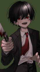 Rule 34 | 1boy, absurdres, akanei6no sora, black hair, black jacket, black pants, blood, blood on face, bloody knife, collared shirt, green background, hair between eyes, highres, holding, jacket, knife, long sleeves, looking at viewer, male focus, necktie, open clothes, open jacket, open mouth, original, pants, red eyes, shirt, simple background, solo, white shirt