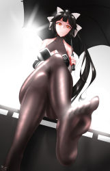 Rule 34 | 1girl, alternate costume, ass, azur lane, bare shoulders, black hair, black pantyhose, bow, breasts, brown eyes, cleavage, crossed legs, foot up, from above, hair bow, highres, holding, holding umbrella, large breasts, leotard, long hair, looking at viewer, p ion, pantyhose, ponytail, race queen, sidelocks, sitting, solo, takao (azur lane), takao (full throttle charmer) (azur lane), umbrella, very long hair, white bow