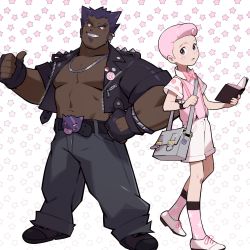 Rule 34 | 2boys, bag, bare pectorals, belt, blush, book, clefable, commentary, creatures (company), dark skin, dark-skinned male, dizdoodz, ear piercing, english commentary, fingerless gloves, freckles, game freak, gen 1 pokemon, gengar, gloves, grey bag, grey pants, hand on own hip, highres, holding, holding book, holding strap, jacket, jewelry, looking at viewer, male focus, multiple boys, muscular, muscular male, necklace, nintendo, open clothes, open jacket, open mouth, pants, pectorals, personification, piercing, pink hair, pokemon, shirt, shoes, short hair, short sleeves, shorts, shoulder bag, smile, socks, spiked hair, standing, star (symbol), teeth, thumbs up, white footwear, zipper