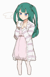 Rule 34 | 1girl, blue eyes, blunt bangs, blunt ends, blush, cardigan, chemise, cropped legs, cup, frills, green hair, hands up, highres, holding, holding cup, long hair, long sleeves, mug, nojima minami, open cardigan, open clothes, pretty series, pripara, simple background, solo, standing, steam, tsukikawa chili, two side up, white background