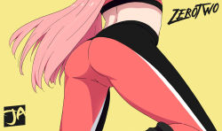 Rule 34 | 1girl, ass, back, character name, close-up, darling in the franxx, from behind, j adsen, long hair, lower body, midriff, pink hair, signature, simple background, solo, sports bra, sportswear, straight hair, yellow background, zero two (darling in the franxx)