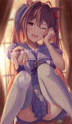 Rule 34 | 1girl, animal ears, blush, bow, commentary request, crying, crying with eyes open, curtains, daiwa scarlet (umamusume), fang, hair between eyes, hair bow, highres, horse ears, horse girl, horse tail, indoors, iwabuchi501, knees up, long hair, looking at viewer, one eye closed, pleated skirt, pointing, pointing at viewer, puffy short sleeves, puffy sleeves, purple bow, purple shirt, red bow, red eyes, red hair, sailor collar, school uniform, shirt, short sleeves, sitting, skin fang, skirt, smile, solo, summer uniform, tail, tears, thighs, tracen school uniform, twintails, umamusume, very long hair, white skirt