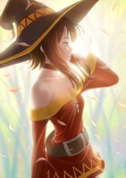 Rule 34 | 1girl, bare shoulders, belt, black hair, brown hair, button eyes, buttons, collar, collarbone, dated, dress, from side, hat, highres, kono subarashii sekai ni shukufuku wo!, light, long sleeves, loose belt, megumin, off-shoulder dress, off shoulder, oshiyon, petals, red dress, red eyes, revision, short hair with long locks, smile, solo, strapless, strapless dress, tunic, wind, witch hat