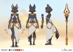 Rule 34 | 1girl, animal ears, artist name, bastet (sy noon), black fur, black hair, blue eyes, body fur, breasts, cat ears, cat girl, cat tail, character name, character sheet, closed mouth, commentary, egyptian, egyptian clothes, english commentary, from behind, furry, furry female, highres, looking at viewer, medium breasts, multiple views, original, polearm, short hair, standing, sy noon, tail, weapon