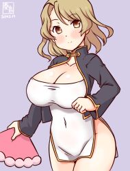 Rule 34 | 1girl, black jacket, blush, breasts, brown eyes, china dress, chinese clothes, cleavage, cowboy shot, dress, folding fan, fue, gradient background, hand fan, holding, holding fan, houston (kancolle), jacket, kanon (kurogane knights), kantai collection, large breasts, light brown hair, long hair, long sleeves, looking at viewer, one-hour drawing challenge, purple background, short dress, smile, solo, white dress