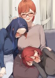 Rule 34 | 3girls, 92m, breasts, brown shirt, commentary request, dateko (92m), glasses, highres, kinshi no ane (92m), large breasts, mature female, mother and daughter, multiple girls, original, red-framed eyewear, red hair, sanako (92m), shirt, sleeping