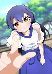 Rule 34 | 1girl, artist name, artist request, bare shoulders, blue bow, blue hair, blue skirt, blue sky, blush, bow, breasts, brown eyes, cloud, collarbone, day, dress, female focus, fresh fruits parlor (love live!), gem, hair between eyes, highres, jewelry, long hair, looking at viewer, love live!, love live! school idol festival, love live! school idol festival all stars, love live! school idol project, miniskirt, necklace, outdoors, parted lips, pearl (gemstone), pearl necklace, plaid, plaid dress, plaid skirt, pleated, pleated dress, pleated skirt, pointing, pointing at viewer, polka dot sleeves, puffy short sleeves, puffy sleeves, see-through, see-through sleeves, short sleeves, skirt, sky, small breasts, smile, solo, sonoda umi, tree, white dress, worried, yellow eyes